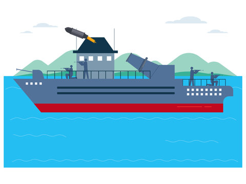 Large military ship, with cartridges and army tracking the enemy. War illustration. Flat vector illustration.