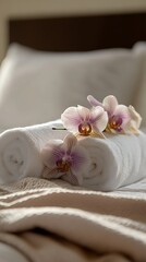 Rolled white towels with soft orchid flowers on bed in a hotel room