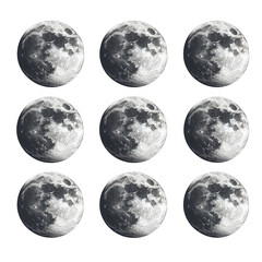 Naklejka premium Nine detailed realistic full moon celestial bodies with visible craters and maria arranged in a grid pattern isolated on transparent background