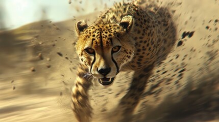 A close-up shot of a cheetah sprinting, motion blur illustrating its sheer speed and strength.