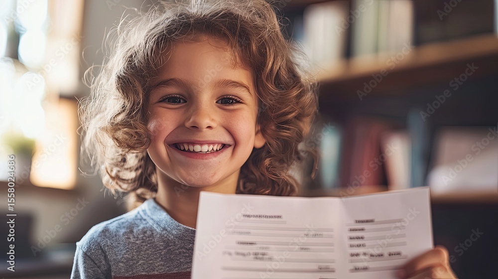 Poster Student proudly displaying a report card, close-up on high grades and happy expression, soft lighting highlights the personal satisfaction of academic achievements