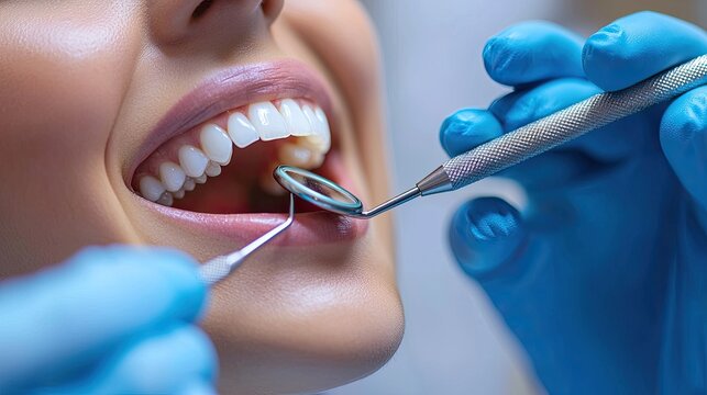 Person getting a routine dental check-up, close-up on dentist s tools and calm expression, soft lighting highlights the routine nature of preventive care
