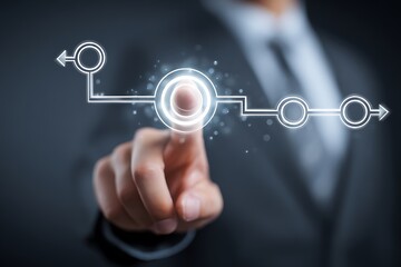 High quality photo of businessman touching a digital graphic of a flowchart, a touch screen interface concept for business technology design and process management in a dark.