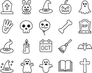 Whimsical Halloween Line Art Assortment Featuring Spooky Symbols and Iconic Holiday Decorations for Creative Projects