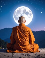 A serene individual sits cross-legged on soft, golden sand, wearing a flowing orange robe that billows gently in the breeze, surrounded by tranquil waves.