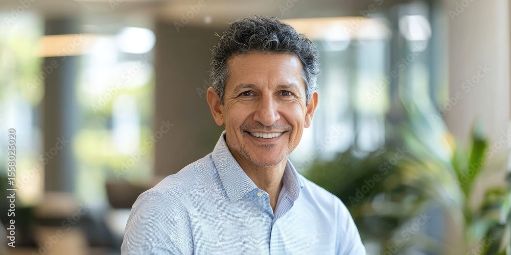 Poster business headshot of a smiling professional in a modern office setting, with natural lighting and a 