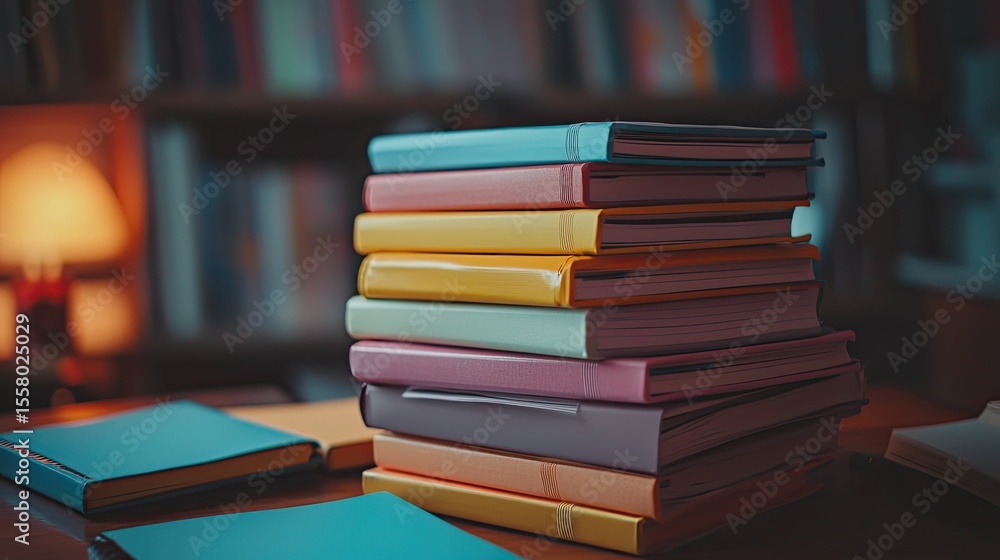 Poster a pile of colorful notebooks on a desk, focus on neatly organized materials, warm lighting reflects 