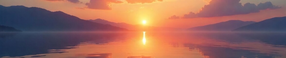 Fototapeta premium Golden Hour Sunrise Over Tranquil Water A Serene Reflection of Peace and New Beginnings