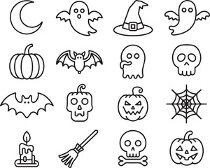 Halloween Icon Collection A Spooky Set of Classic Halloween Symbols Featuring Ghosts Pumpkins Bats and Other Iconic Imagery