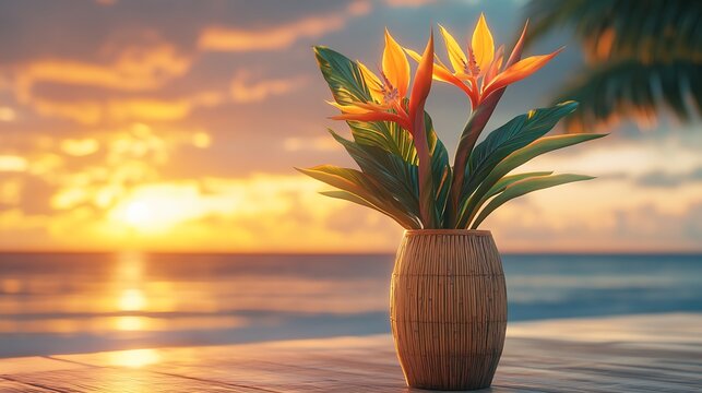 Vibrant bird of paradise, ginger flowers, and palm leaves in a tall bamboo vase on a sunlit terrace, ocean view in background, warm tropical breeze, vivid sunset light. Created Using: DSLR, - Powered by Adobe