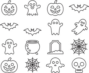 Whimsical Halloween Line Art Collection Featuring Pumpkins, Ghosts, Bats, and Other Spooky and Festive Holiday Icons
