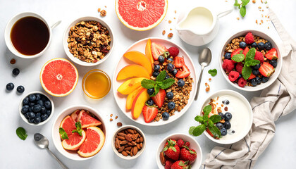 Wholesome breakfast scene displays granola, fruits, nuts, yogurt, and juice in a vibrant and nutritious flat lay composition.