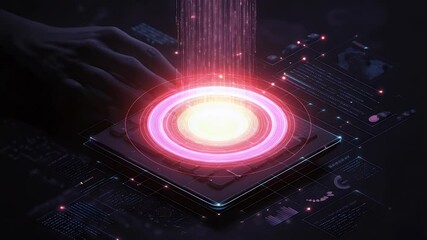 Futuristic hand interacting with a glowing digital processor amidst data streams and holographic displays - Powered by Adobe