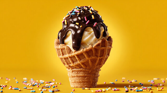 A delicious ice cream cone with chocolate drizzle and sprinkles, in the shape of an egg-shaped waffle cup
