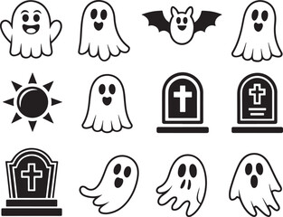 Spooky Halloween Icons A Collection of Ghosts Bats Tomestones and Suns Creating a Playful and Festive Design for Decoration