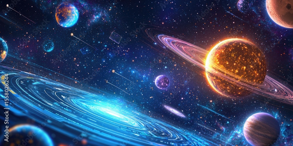 Poster a web interface featuring a space exploration theme, with holographic elements, celestial navigation bars, and responsive design.