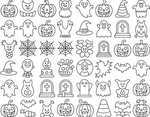 Whimsical Halloween Line Art Pattern Featuring Pumpkins Ghosts Bats and Other Spooky Elements for a Festive Background