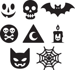 Halloween Iconography Black and White Silhouette Graphic Assortment Spooky and Festive Imagery for Decoration Crafts and Creative Projects