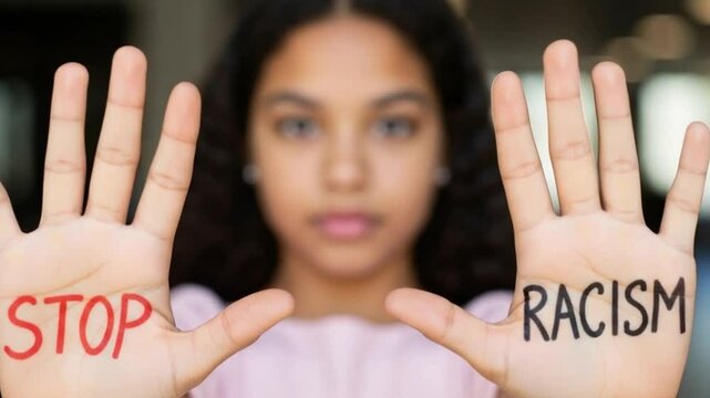 Young Woman Holding Hands Forward with 'Stop Racism' Message