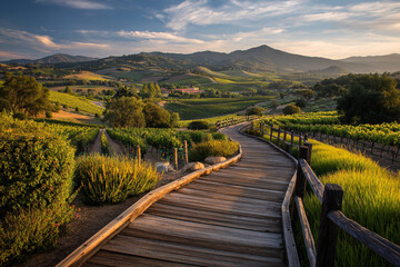 Rolling green hills and vineyards of Tuscany in the morning light with a winding road and distant mountains under a summer sky
