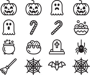 Collection of Halloween Icons Featuring Pumpkins, Ghosts, Candy Canes, Cauldrons, Tombstones, Spiders, Bats, Cobwebs and Witch Brooms