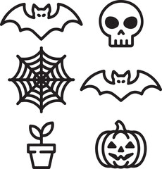 Eerie Halloween Icons A Spooky Season Celebration Featuring Bats, Skulls, Webs, Pumpkins and a Potted Plant in Bold Line Art