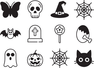 Spooky and Sweet Halloween Icons A Collection of Classic Symbols in Black and White Line Art Style