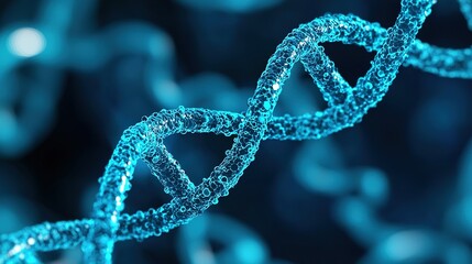 A close-up digital representation of a glowing blue DNA double helix strand, symbolizing genetic information and molecular biology.