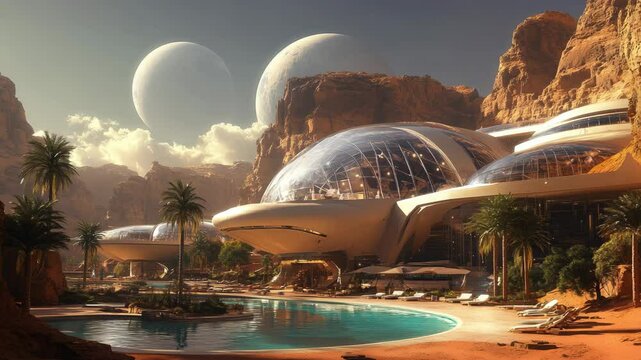 Futuristic luxury building with glass domes and swimming pool set in a red desert canyon under twin moons, symbolizing space tourism, Mars colonization, advanced architecture and interplanetary living