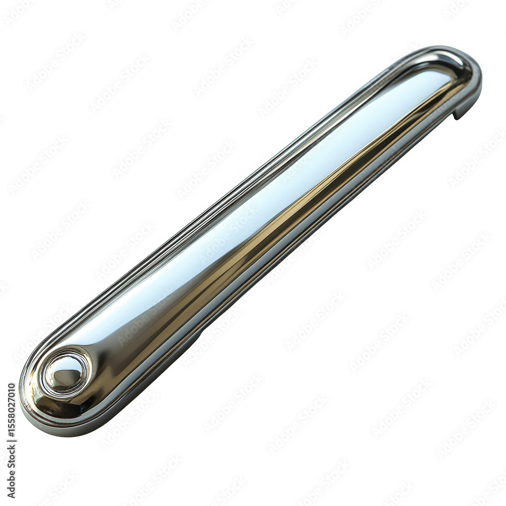 Poster a highly polished chrome handle with a rounded end and a small circular detail isolated on transpare