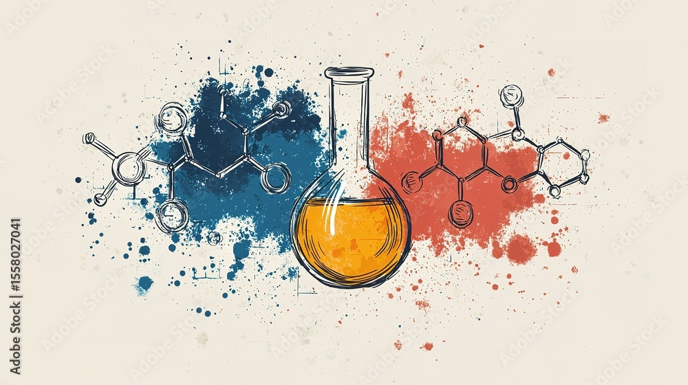 Poster a colorful artistic representation of chemical molecules and a flask with liquid, blending science a