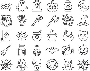 Halloween Line Art Icons Set Spooky and Festive Collection for Design Projects, Decorations, and Holiday Celebrations