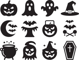 Spooky Halloween Icon Collection Featuring Pumpkins, Ghosts, Bats, Witch Hats, a Cauldron, and a Coffin in Black and White