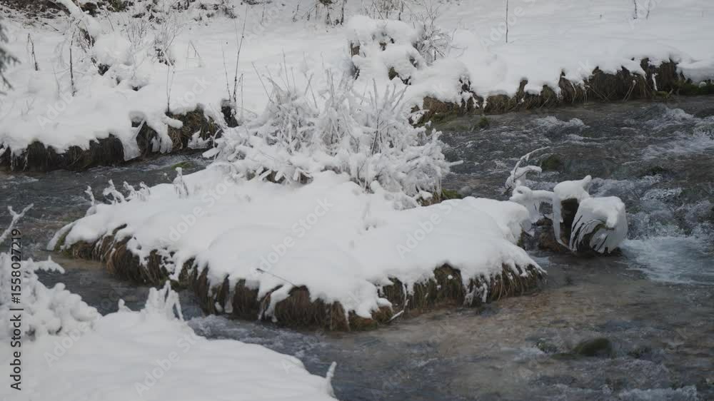 Poster a shallow mountain stream flows in the rocky riverbed surrounded by the snow-covered low banks and f