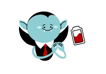 Cartoon Vampire Character with Red Tie Holding a Low Battery Icon, Representing Blood Donation, Fun and Whimsical Design, Perfect for Awareness Campaigns, Health, and Charity Projects