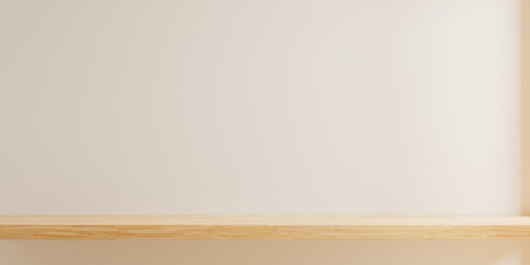 Minimalist interior featuring a clean wooden shelf against a soft beige wall, illuminated by natural light- 3D rendering