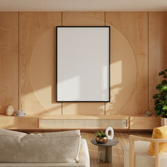 Stylish and modern living room interior featuring a vertical poster frame on a wooden wall with warm sunlight,Frame mockup- 3D rendering