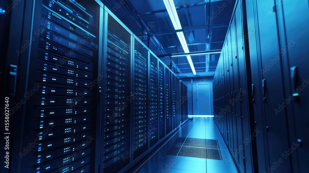 Aufkleber bright blue-lit server room with aligned cabinets and grid flooring in a high-tech data center, suit