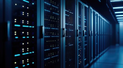 Long hallway view of black server racks with glowing blue lights in a modern data center, ideal for cloud storage, cybersecurity, and high-performance computing visuals