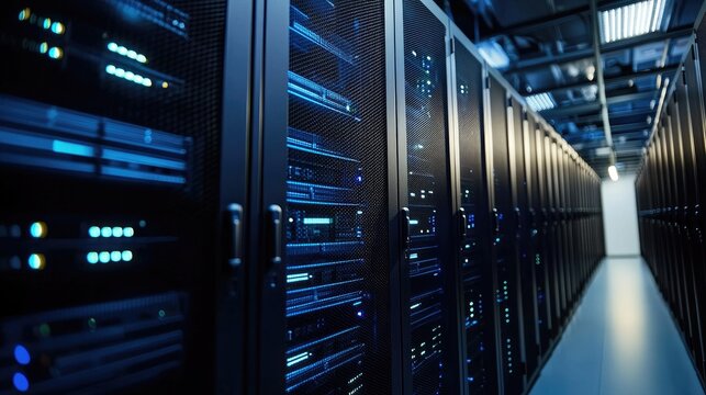 Secure modern data center with black mesh cabinet doors and glowing server lights in a clean corridor, ideal for illustrating cloud networks, IT operations, and data systems