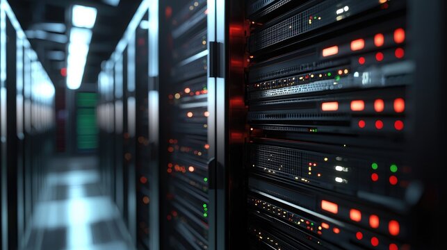 Close-up of illuminated data servers in a secure modern data center corridor with glowing indicator lights, ideal for cloud computing, networking, and IT infrastructure themes