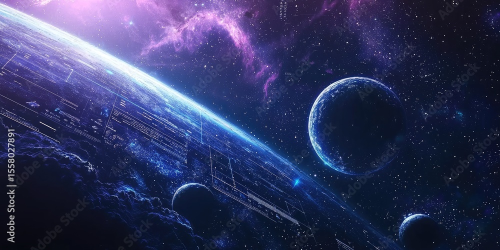 Poster Futuristic website UI with space-inspired elements, including holographic buttons, celestial data grids, and dynamic starry backgrounds.