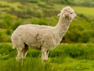 Fototapeta premium Creamy colour alpaca standing in the meadow surrounded by hills and trees. Freely grazing animal