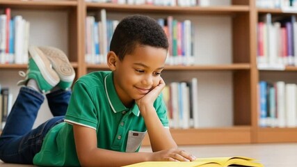 Curious Young Boy Reading Book on Library Floor with Smile