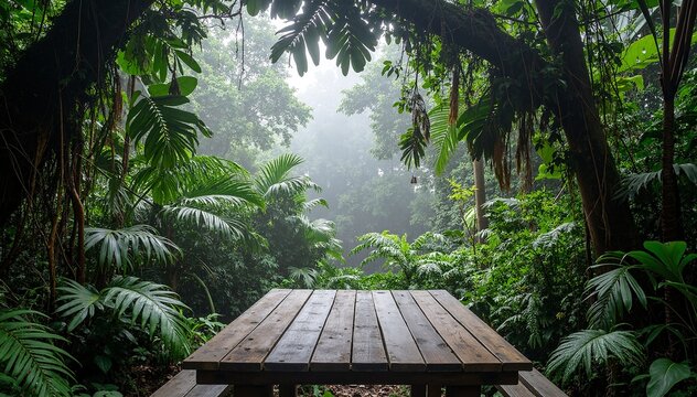 A rustic wooden table nestled among tall, lush trees, dappled sunlight filtering through the leaves, creating a serene outdoor dining atmosphere.