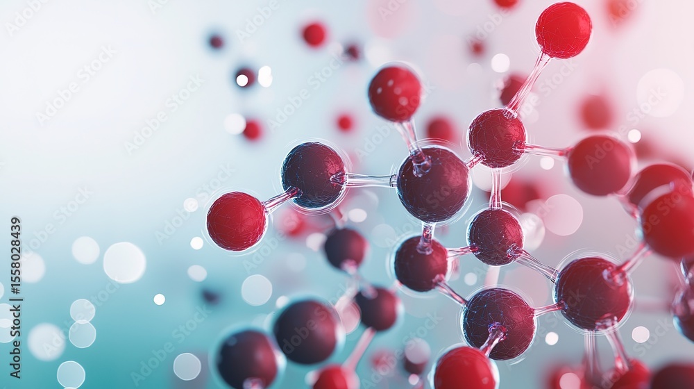 Poster a close-up 3d rendering of a molecular structure with connected red and black atoms, symbolizing sci