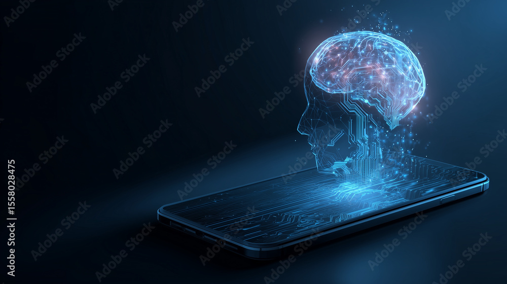 Aufkleber digital brain emerges from smartphone screen with circuitry and glowing particles