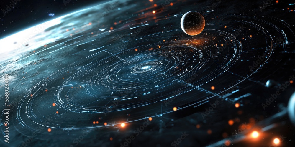 Poster A high-tech overview of a distant planetary system, with digital interfaces showing planetary orbits, energy fields, and data analysis.