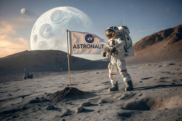 Astronaut's Lunar Expedition: A solitary astronaut plants a flag on the moon's surface, under the watchful gaze of Earth and its lunar satellite.