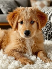 Golden-retriever puppy curled on plush white rug.